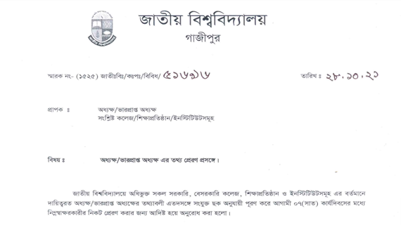 সরকারি-বেসরকারি অধ্যক্ষদের শিক্ষাগত যোগ্যতা জানতে চায় জাতীয় বিশ্ববিদ্যালয়